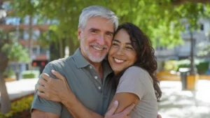 A smiling couple embraces under a sunlit tree in a park, conveying happiness and warmth. The background features soft-focus green foliage and pathways.