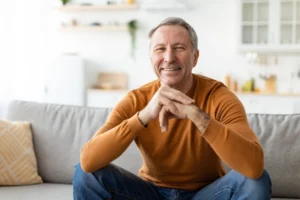 A smiling man in an orange sweater sits on a gray couch with hands clasped, exuding warmth in a bright, cozy living room with soft lighting.