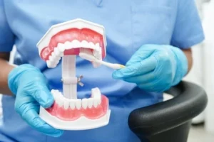 A dental professional in blue scrubs and gloves demonstrates brushing on a teeth model, emphasizing oral hygiene education.