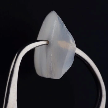 Close-up of a white tooth veneer held by silver tweezers against a black background. The veneer is smooth and slightly translucent, suggesting a dental context.