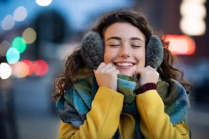 Young woman in a yellow coat and earmuffs smiles with eyes closed, embracing a scarf. Blurred city lights in the background convey warmth and joy.