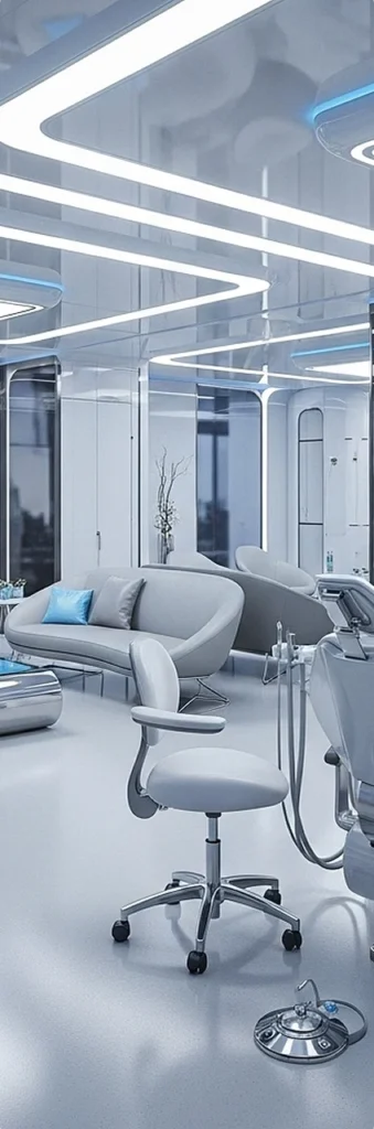 Futuristic dental office with sleek, minimalist design. Features include modern dental equipment, gray couches, and blue accent lighting.