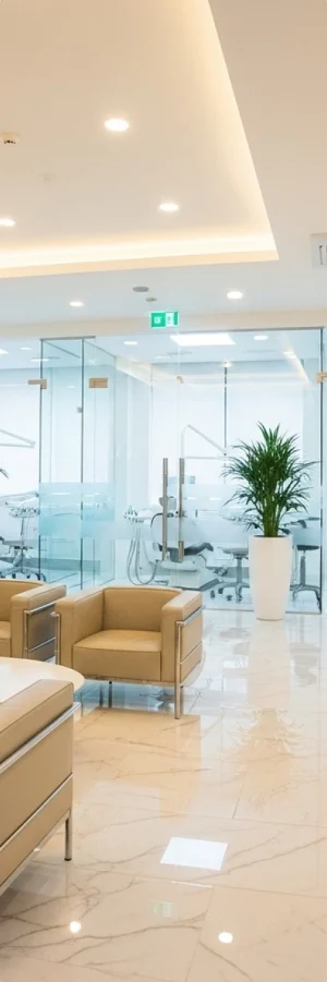 Modern office lobby with beige seating, marble floor, and potted plants. Glass walls reveal a conference room, creating an open, inviting atmosphere.