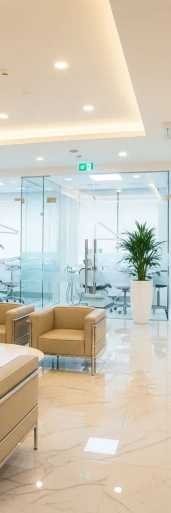 Modern office lobby with beige seating, marble floor, and potted plants. Glass walls reveal a conference room, creating an open, inviting atmosphere.
