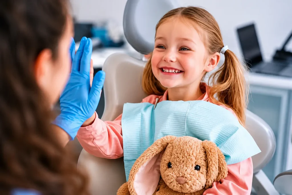 A young girl with pigtails, smiling widely in a dental chair, gives a high-five to a gloved dentist. She holds a plush bunny.