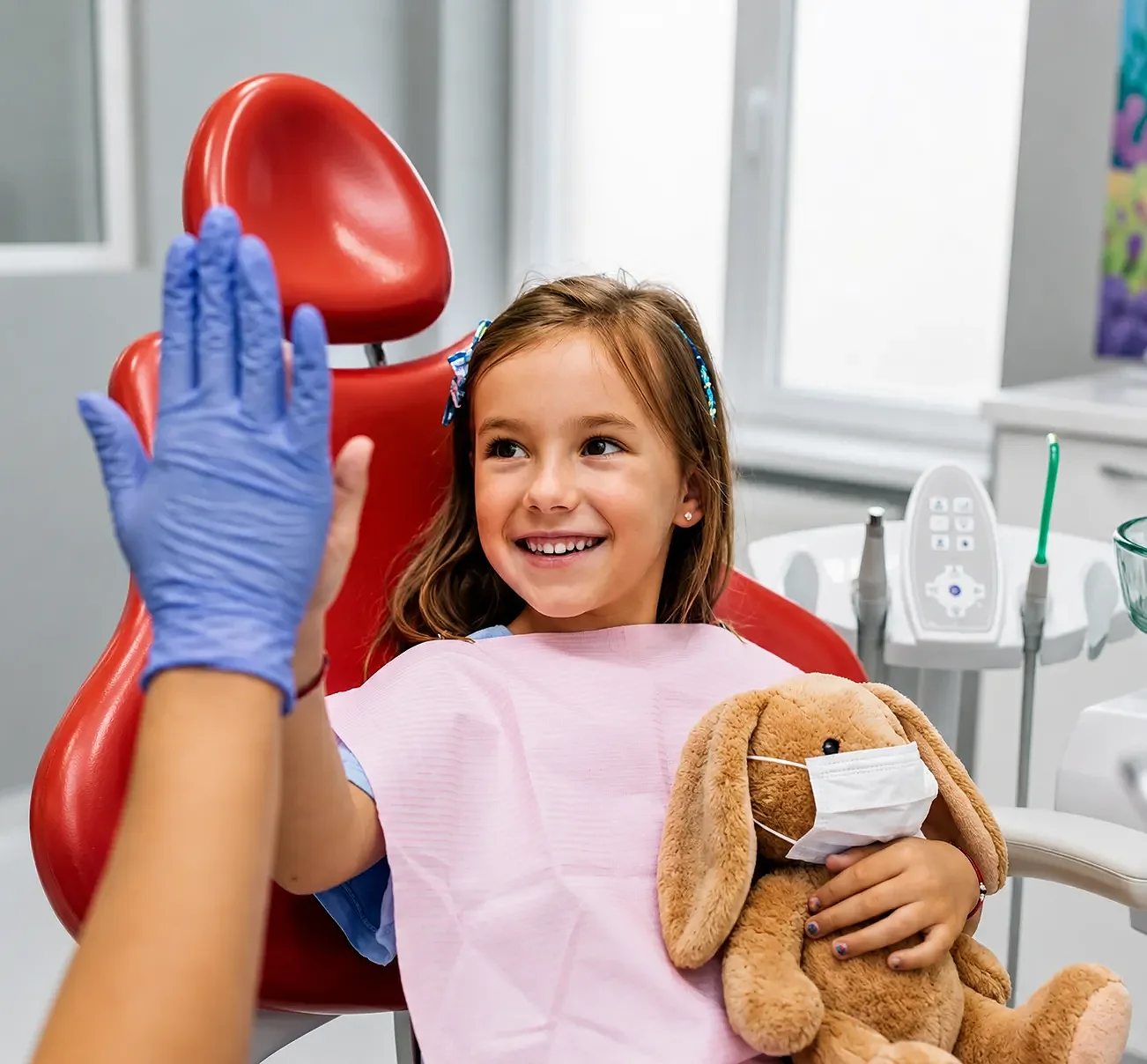 A smiling young girl sits in a dental chair, holding a masked stuffed bunny, giving a high-five to a dentist in blue gloves.