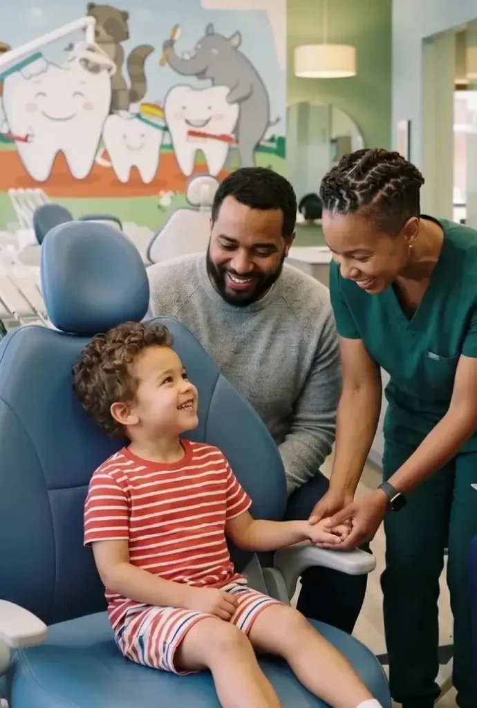A young boy sits smiling in a dental chair, wearing a red-striped shirt. A dentist smiles, holding his hand, with a parent nearby.