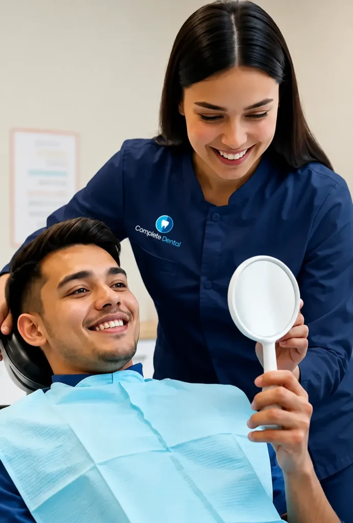 A dentist in a blue uniform smiles while showing a male patient a mirror in a dental clinic.